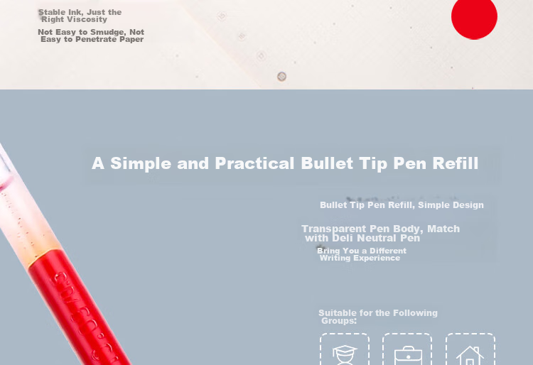 Deli Retractable Gel Pen Refills, Student Office Signature Pen Ink Refill, 0.5mm Bullet Tip S01/S08/1008/K35 Compatible, Red, 20 Pieces/box S206 7