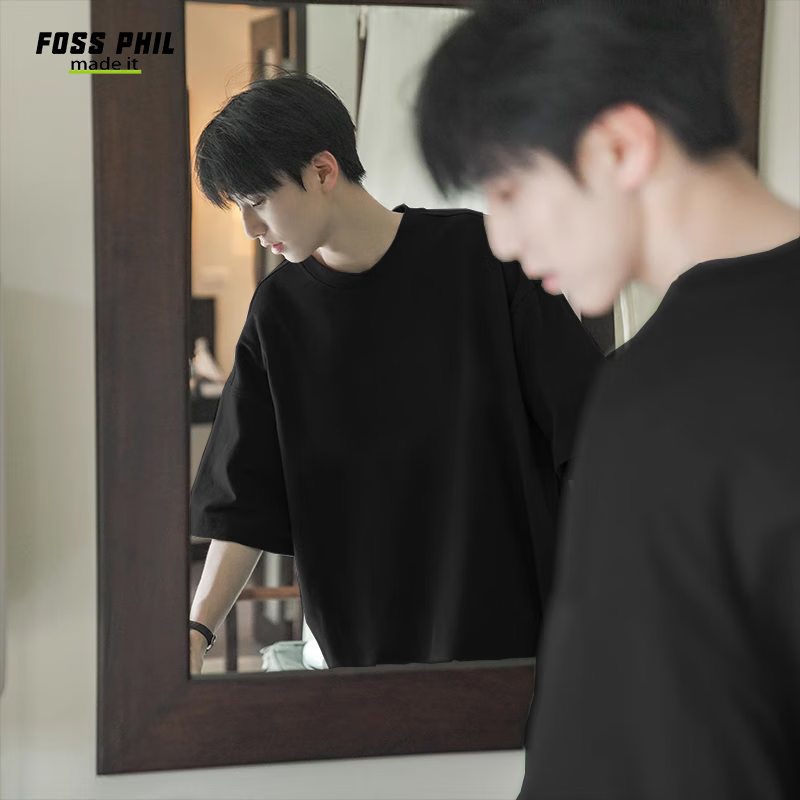 Foss Phil Short-Sleeve T-Shirt for Men And Women, Summer Couple's Heavyweight Solid Color Undershirt, Loose Pure Cotton Tee 234T001 Black S