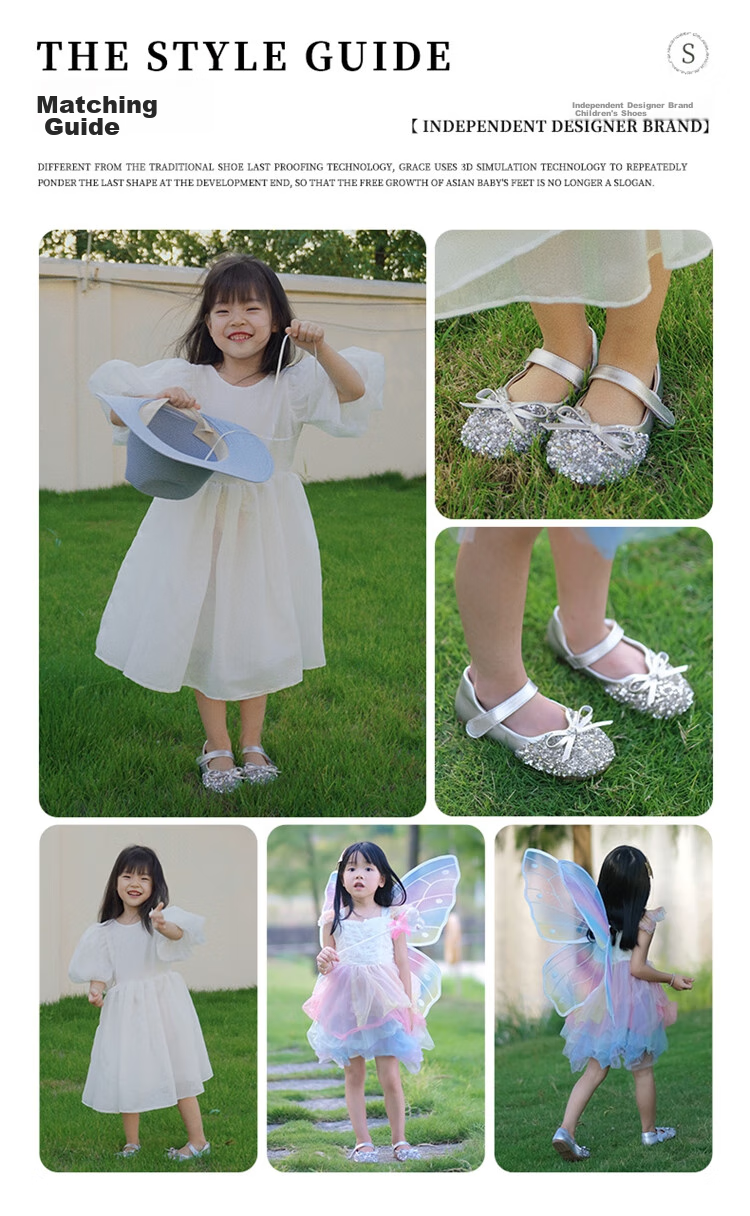 Snoffy Girls' Leather Shoes, Spring Children's Crystal Shoes, Shiny Diamond Princess Shoes, Comfortable Soft-Soled Flats for Little Girls, Moonlight Silver, Size 28 21