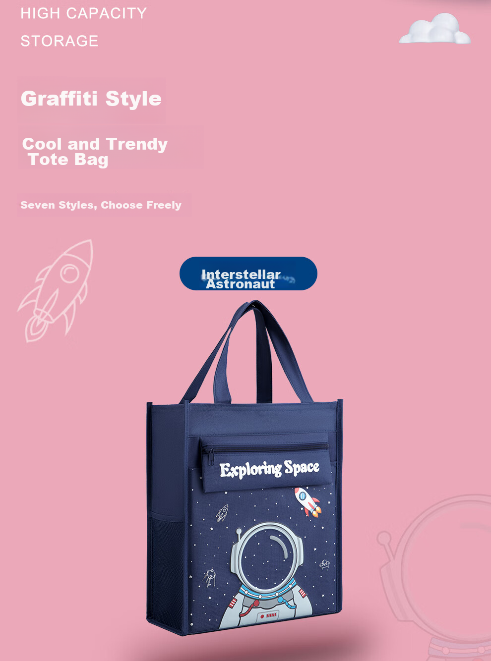 [Lowest Price Online] Faramon (Faramon) Student Handheld Tutoring Bag, Book Bag, Canvas Schoolbag, Canvas Study Bag for Tutoring Materials And Exam Papers Storage, Homework Zipper Handbag, Astronaut Desig 3