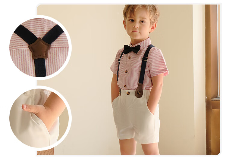LUOBOBEIBEI Boys' Formal Wear Spring And Summer British Striped Suspender Shorts Shirt Set, Green Long-Sleeve Four-Piece Set, Size 130 13