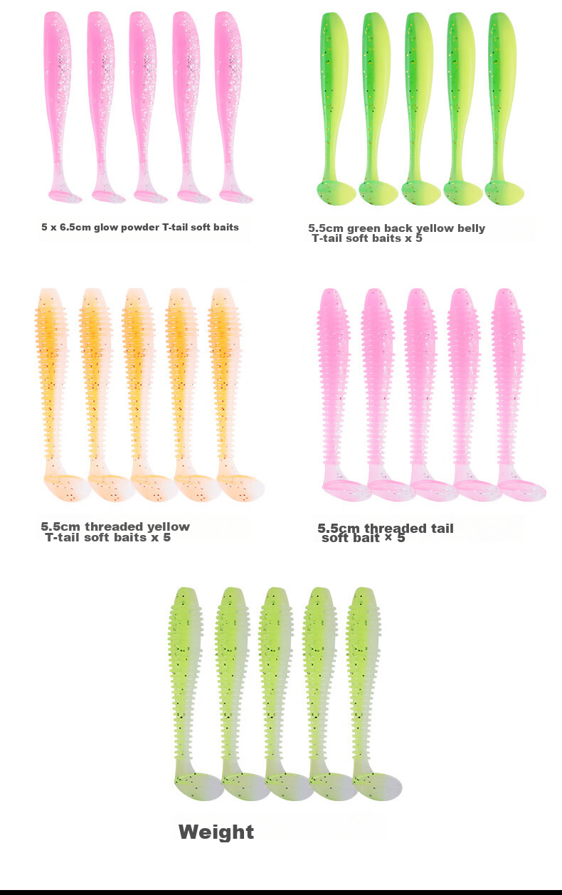 Erciyuan Lure T-Tail Single-Tail Soft Bait, Freshwater Lure Artificial Bait, Bionic Imitation Bait for Bass, Mandarin Fish, Topmouth Culter, 6.5cm Starlight Pink T-Tail (20 Pieces/bag) 10
