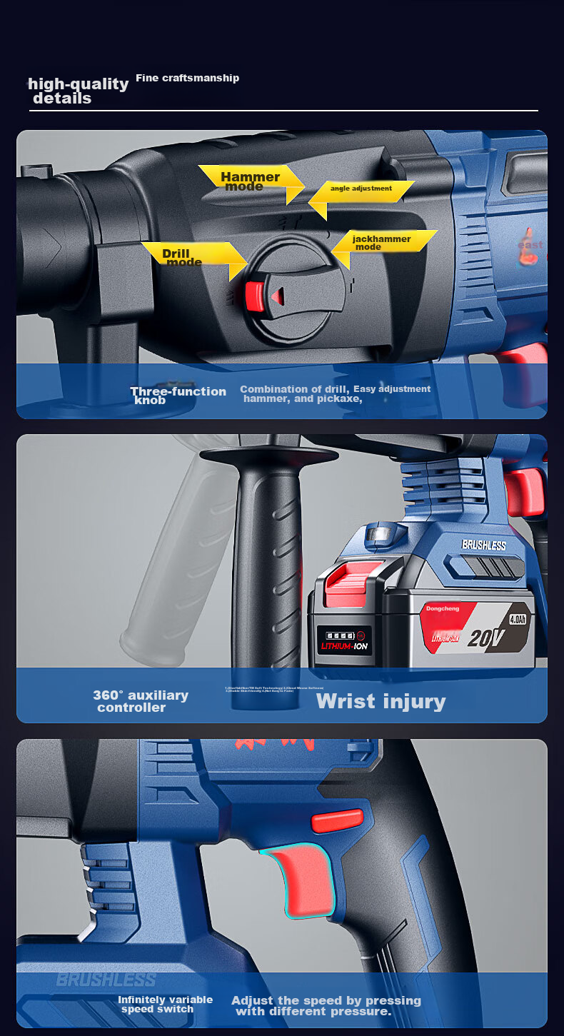 Dongcheng 20V Brushless Impact Drill, Electric Drill, Wrench, Four-In Lithium Battery Hammer Drill, Angle Grinder, Cutting Machine Package WCKIT18B 7