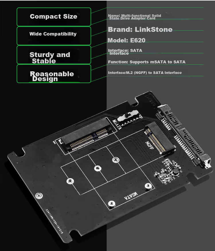 LinkStone M.2 NGFF/mSATA to SATA Hard Drive Adapter Board, Laptop Internal 2.5-Inch SATA SSD Hard Drive Enclosure Expansion Card E620 6