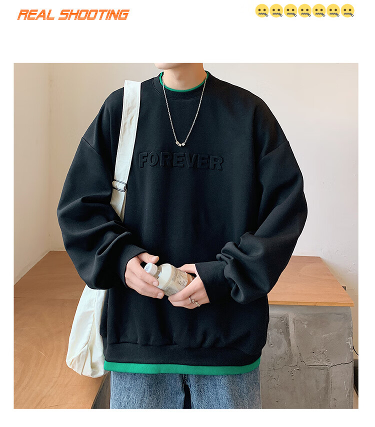 Dingfengbaoluo American Retro Crew Neck Sweatshirt for Men, Spring Trendy Steel-Printed Long-Sleeve Top DFL07 White XL 18