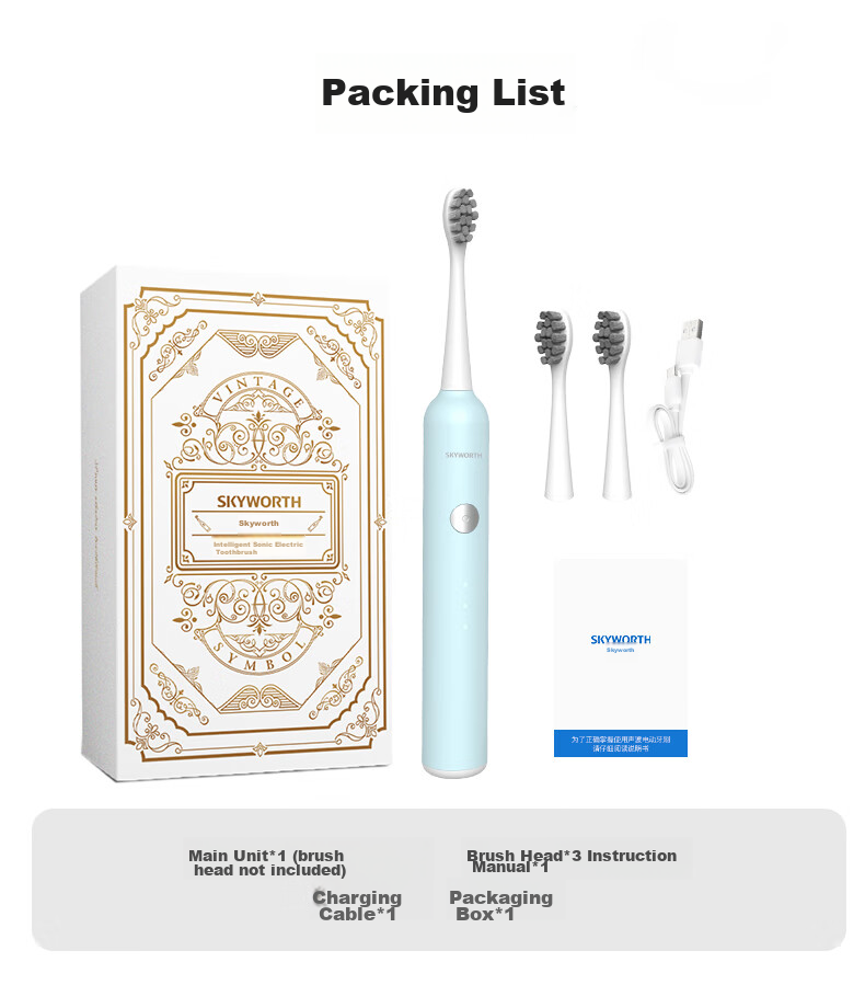 Skyworth Sonic Electric Toothbrush for Adults, Rechargeable Smart Couple Automatic Toothbrush for Men Women Students, Valentine's Day Gift Box Set with Long Battery Life, Single Pack P16 Blue Model 13