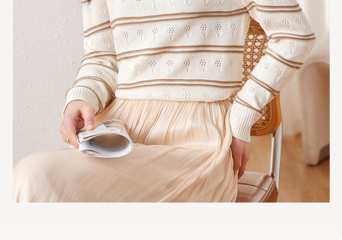 Chushen Women's Autumn And Spring Knit Sweater, Fashionable Casual Round Neck Hollow Striped Thin Long-Sleeve Knitted Top S61Z163 2