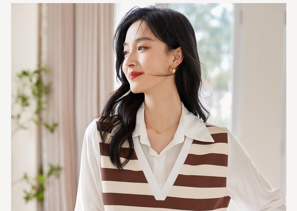 Chushen Thin Long-Sleeve Blouse for Women, Stylish Faux Two-Piece Striped Casual Shirt Top S13QC2942 1
