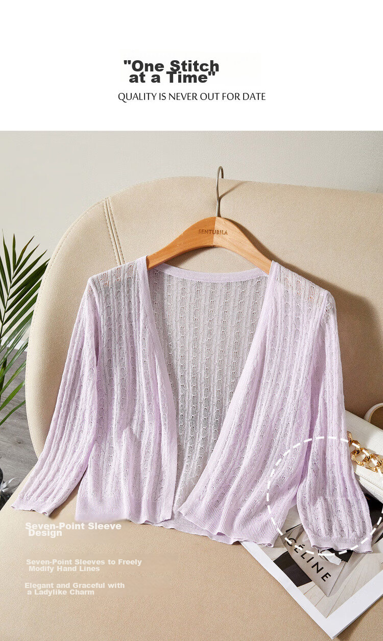 Sentubila Summer Thin Knit Cardigan for Women, V-Neck Three-Quarter Sleeve Outer Layer Air Conditioning Sweater, White, One Size Fits All 3