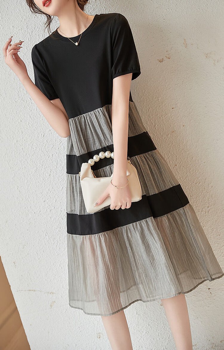 Dme [Sophisticated Sister Dress] Summer Commute Round Neck Roman Cotton Petite Umbrella Skirt Knitted Dress Women's Mid-Length 10