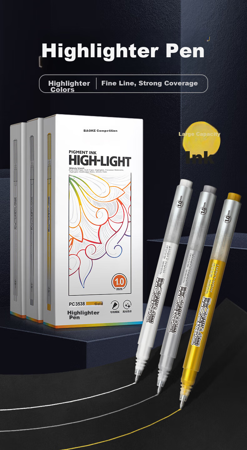 BAOKE PC3538 Gold Highlighter Pen 1.0mm Gel Pen Marker Pen Journaling Pen Water-Based Pen Signing Pen, 12 Pcs/box 1