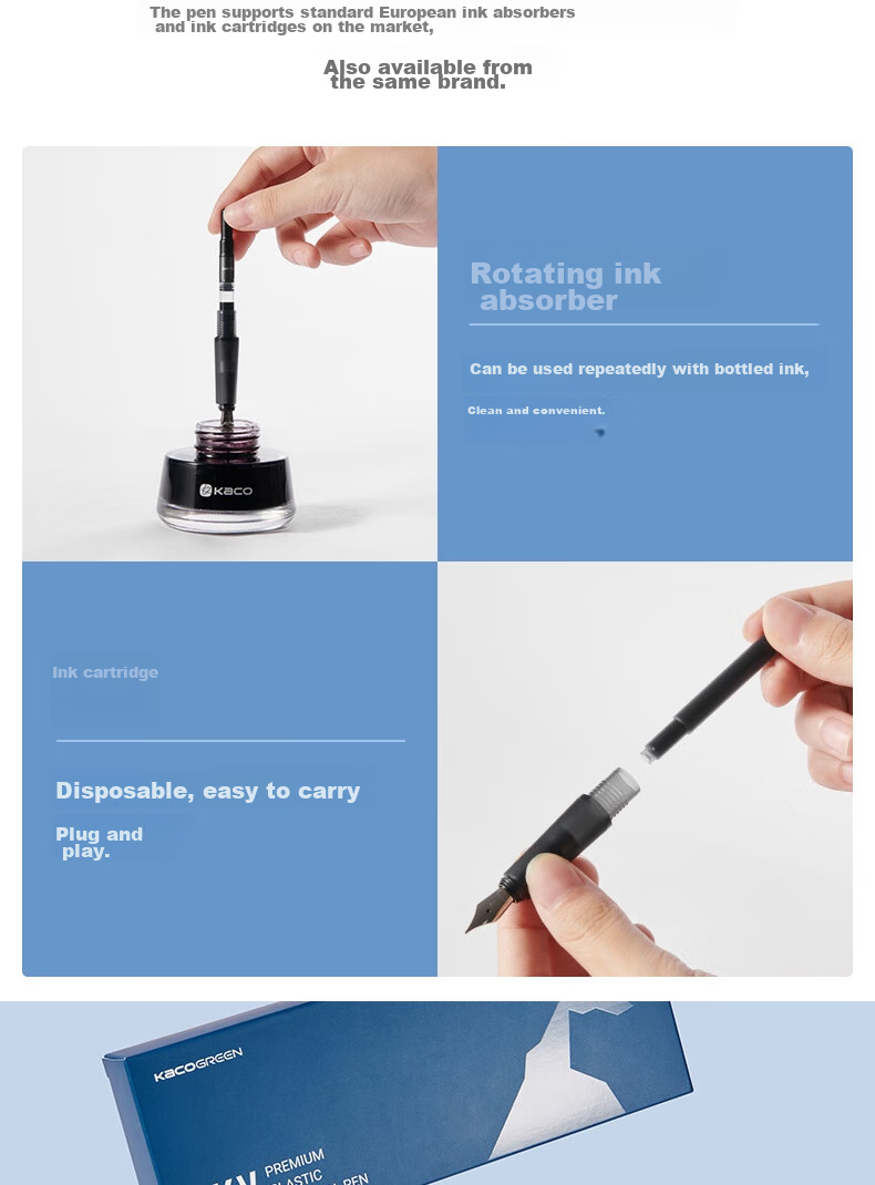 KACO SKY Fountain Pen for Primary School Students Grades 3-6, Replaceable Ink Cartridge, Adult Handwriting Practice, Third Grade Fountain Pen EF Nib PP Box with Ink Cartridge And Ink Absorber (Black Rock) 13