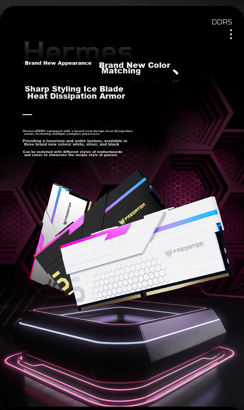 PREDATOR 48GB (24GB×2) Kit, DDR5 6000MHz, Desktop Memory Module, Hermes Ice Blade Series, RGB Light Bar (C28), White, AI Computer Accessory 14
