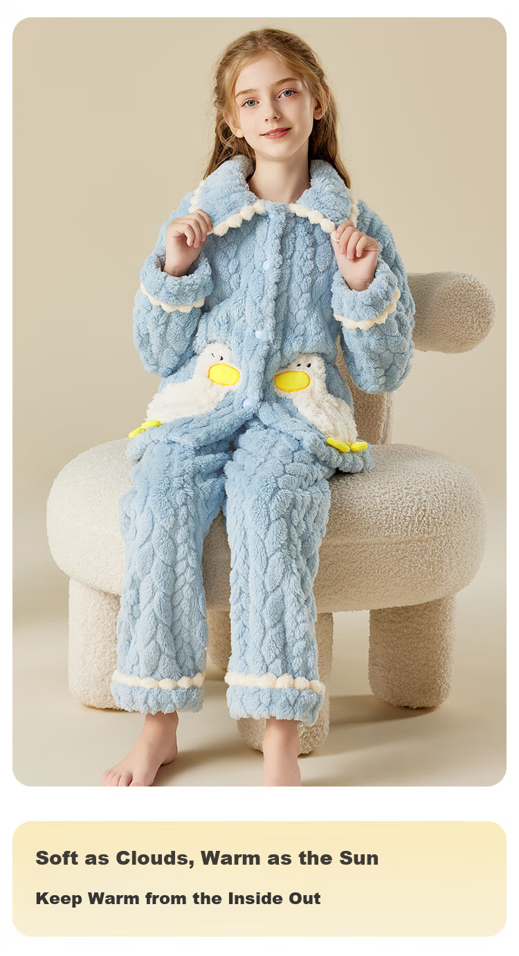 LangSha [Fleece-Lined Thick Flannel] Children's Pajamas, Girls' Autumn And Winter Sleepwear, Big Kids' Home Wear, Warm Set 7