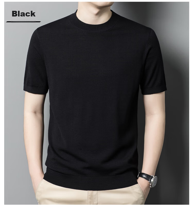 Hengyuanxiang Washable Fine-Spun Wool Sweater for Men, Thin Round Neck Short Sleeve Knitted T-Shirt Pullover, Bright Red, Size 165 20