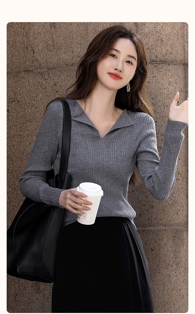 Dme [French Workplace OOTD] Summer Cloud-Feel Lightweight Lapel Sweater, Simple Style Long-Sleeve Knit Top for Wome 2