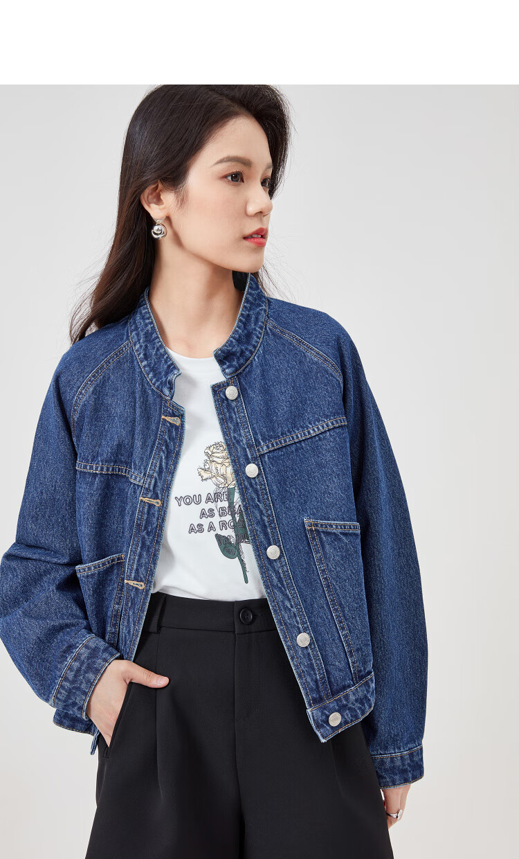 Sentubila Spring And Autumn Pure Cotton Denim Jacket, Short High-End Women's Clothing, Elegant Casual Versatile Top, Denim Blue, XL 30