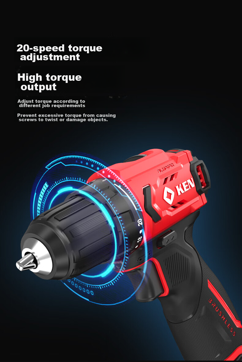 KEN Lithium Battery Drill, Brushless Electric Drill, Rechargeable Drill, Household 12V Screwdriver, BL7312 Bare Tool, Electric Power Tool, Screwdriver Machine 8