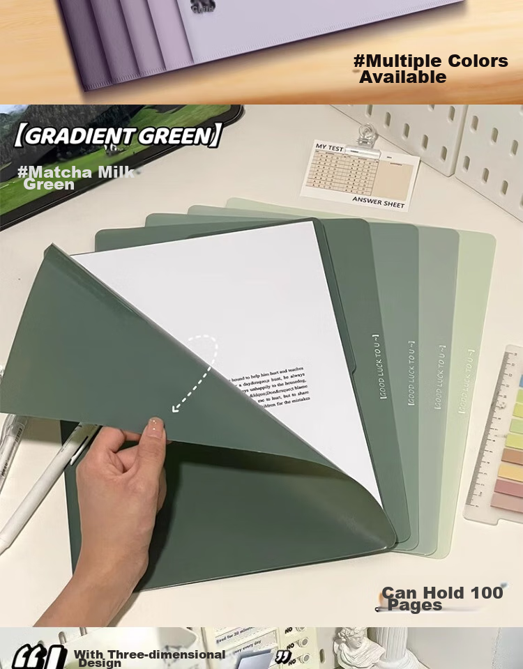 Shaonianban File Folder, Two-Page Document Holder for A4 Gradient Single Sheet, Office Stationery, Single Page Exam Paper Storage Bag, L-Shaped Waterproof Single Sheet Exam Paper Folder, Storage Folder, Green, Pack of 5 10