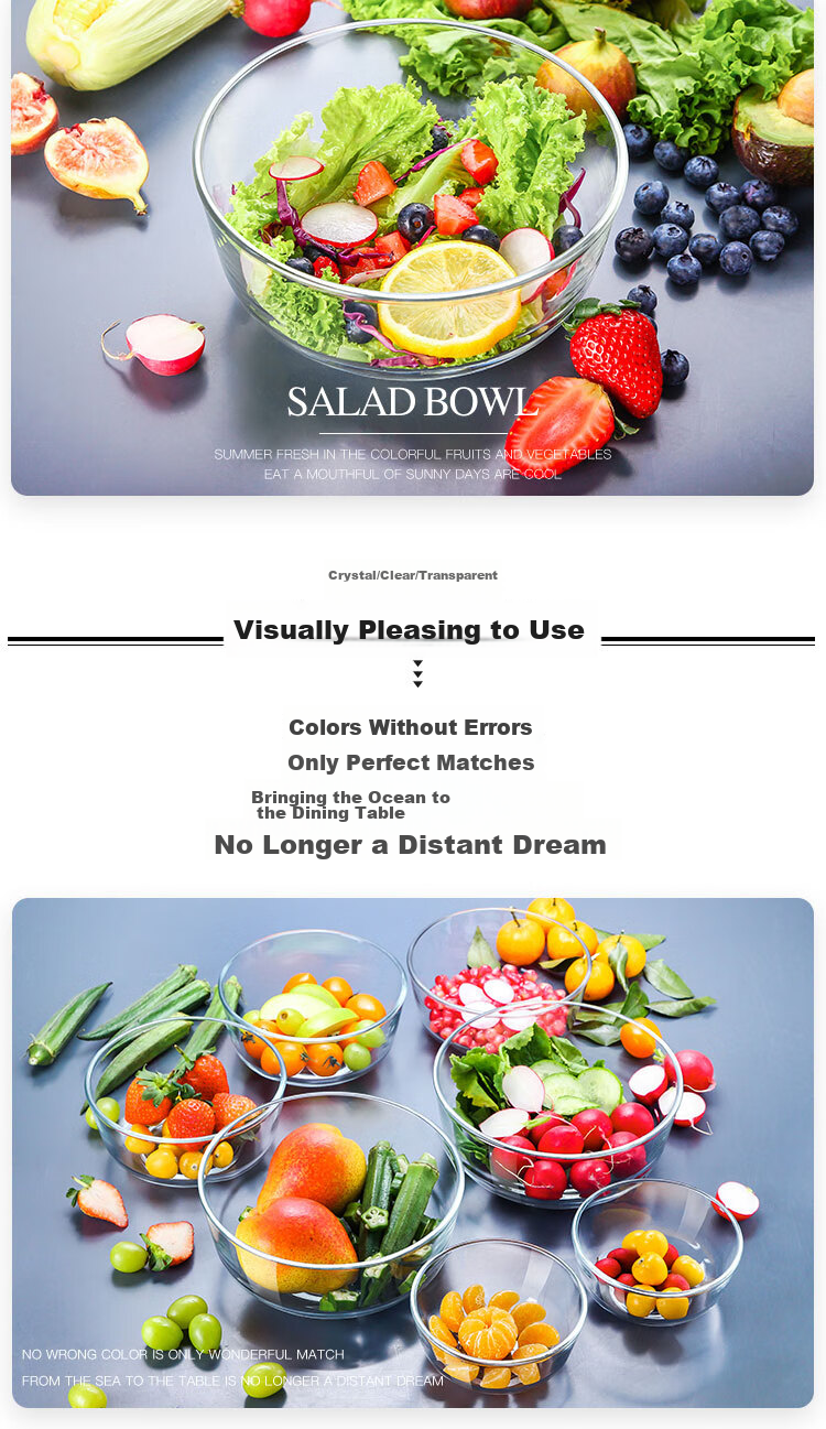 Ocean Thai Imported Glass Salad Bowl, Noodle Bowl, Soup Bowl, Fruit Dessert Bowl Set of Five Pieces 2