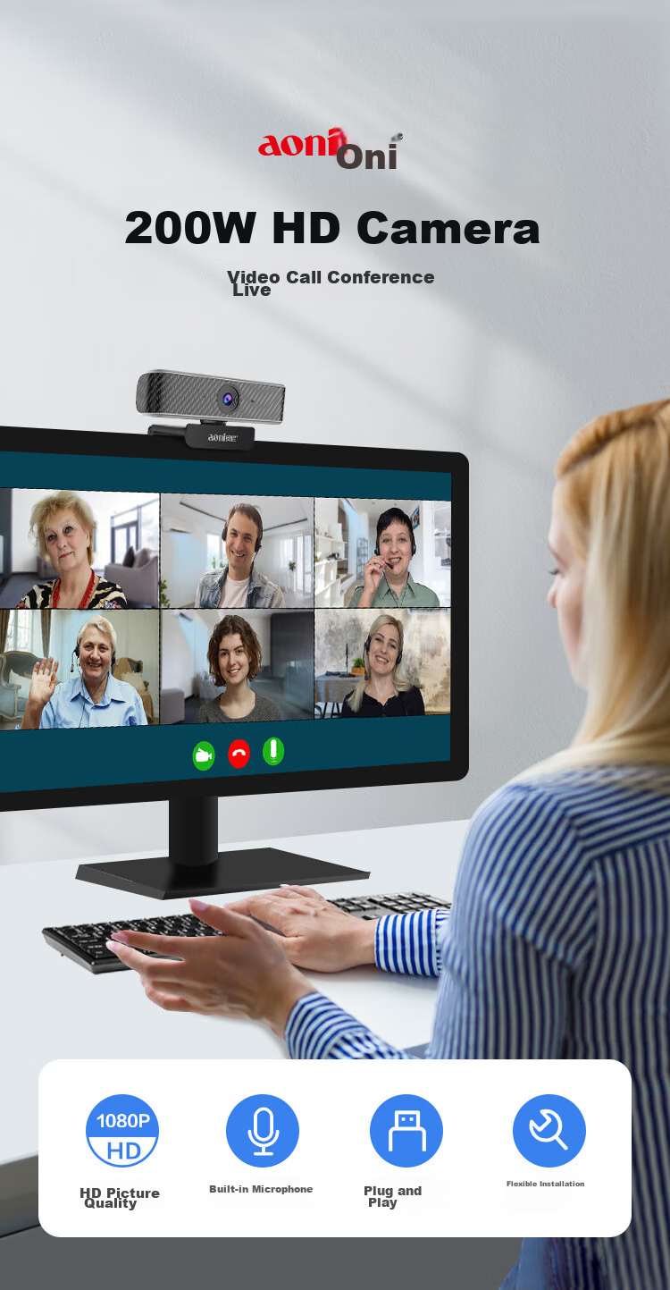 Aoni Computer Webcam, 1080P HD, Fixed Focus Mode, Student Online Class Video HD 1080P with Microphone, Desktop And Laptop USB Plug-And C16 2