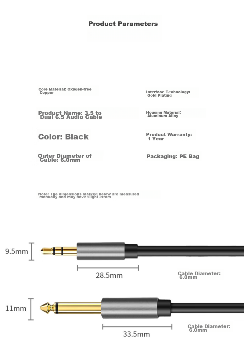 Beishanque 3.5mm to Dual 6.5mm Y-Split Male to Male Audio Cable, Phone Laptop Computer Speaker Connection Cable, 1 Meter BSQ-Y221 11