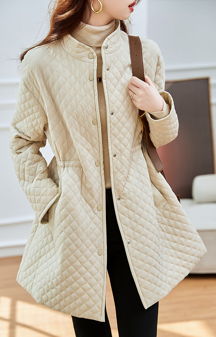 Dme [Quilted Diamond-Patterned Cotton Coat] Winter Stand-Collar Loose Drop-Shoulder Anti-Chafe Padded Jacket for Women, Mid-Length Style, Black, Size M 8