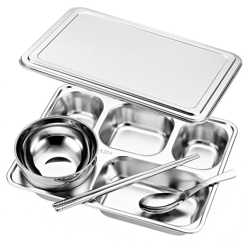 YUTAI 304 Stainless Steel Meal Tray with Lid, Five Compartments, Deep Canteen Divided Fast Food Plate, Bowl, Spoon And Chopsticks Set S5TG