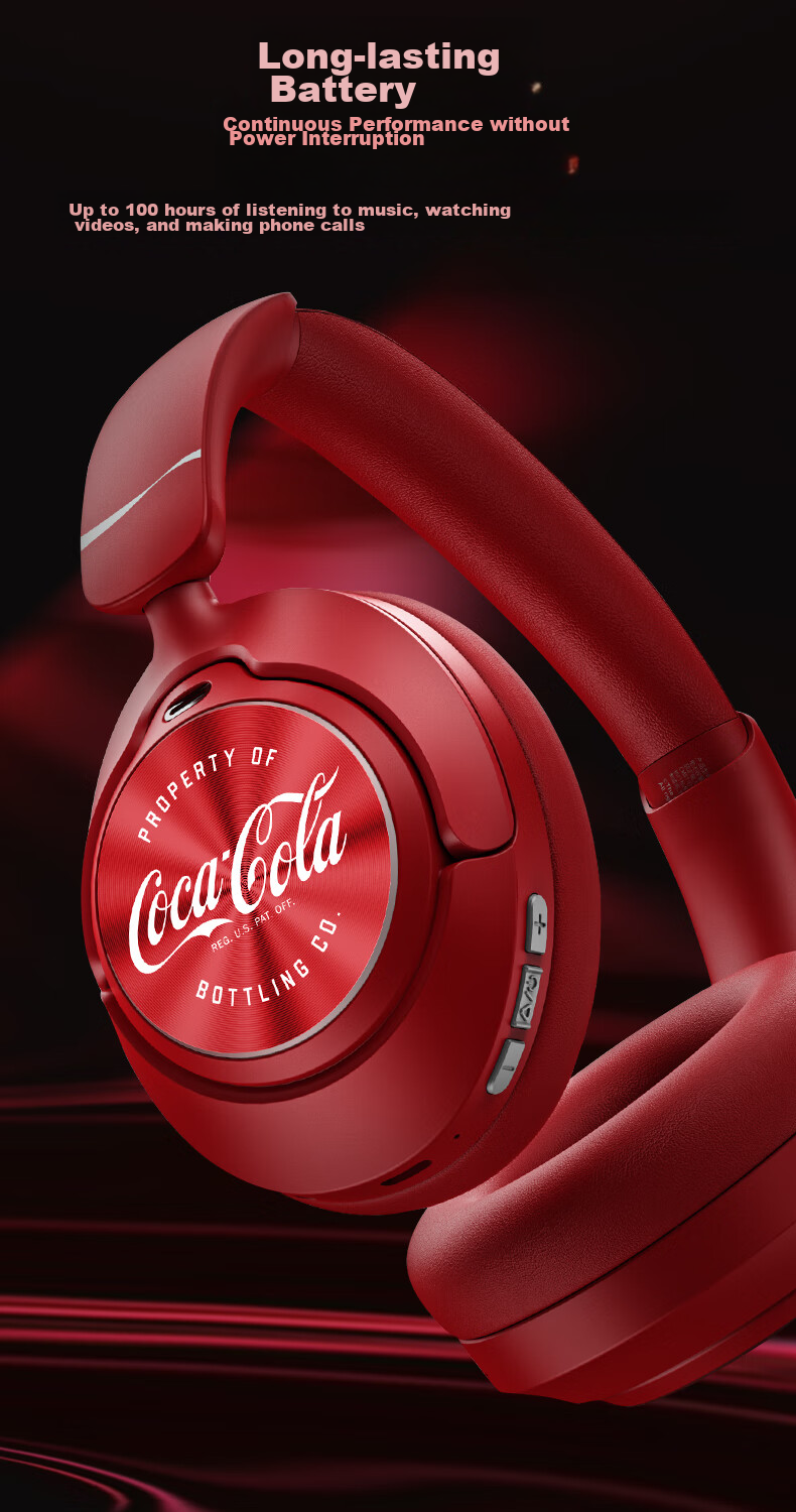 Coca-Cola T07 Over-Ear Bluetooth Headphones with ANC Active Noise Cancellation, Gaming, Sports, Running Wireless Earphones, Long Battery Life, Suitable for Men And Women Students, Birthday Gift, Compatible with Apple, Huawei, Xiaomi 6