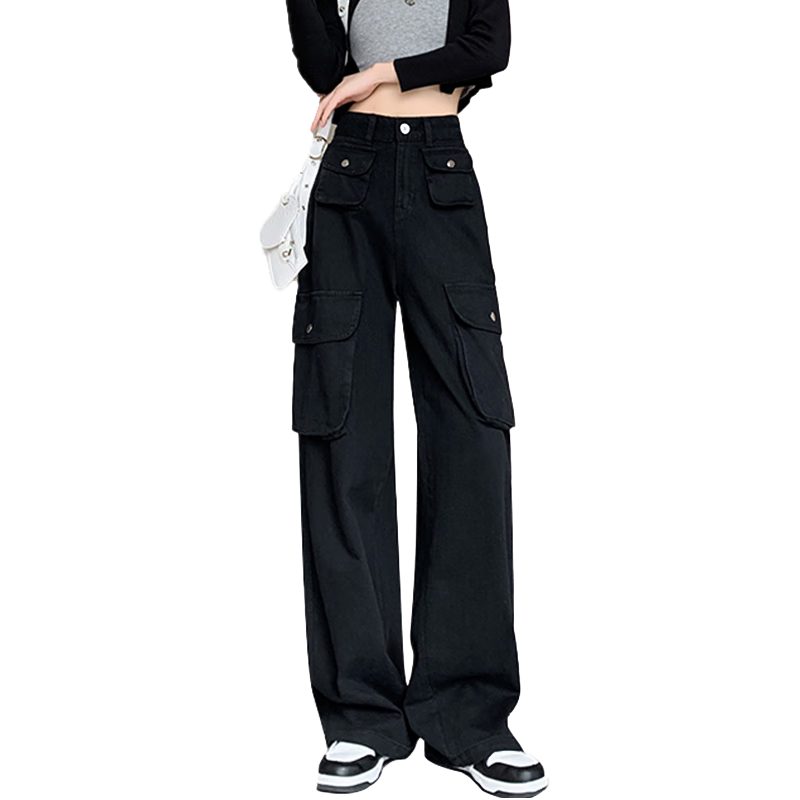 Langsha Women's Workwear Casual Cotton High-Waist Straight-Leg Trendy Pocket Wide-Leg American Style Spring Pants