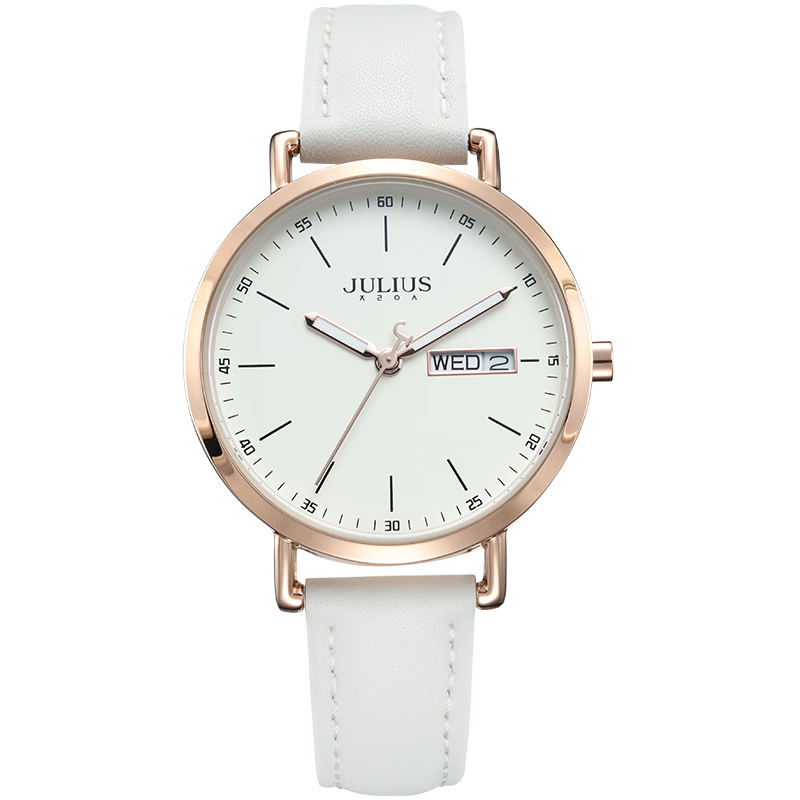 Julius Women's Watch, Korean Fashion Style, Large Dial with Calendar And Day of Week Display, Quartz Ladies' Watch, White JA-1381A