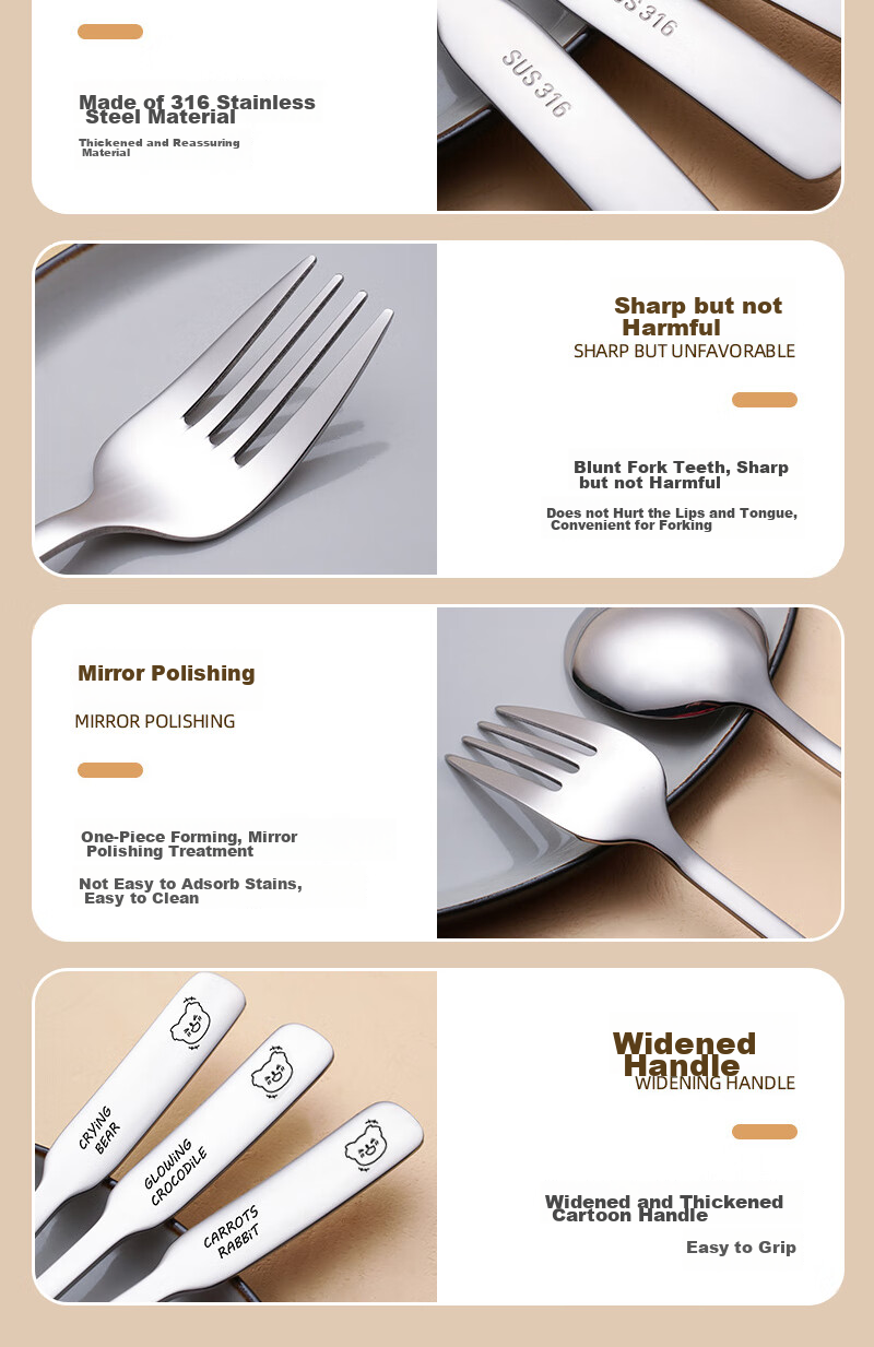 Edo 316 Stainless Steel Children's Fork And Spoon Set with Long Handles, Cartoon Design, Home Dining Utensils, 2-Piece Set, Bear Patter 8