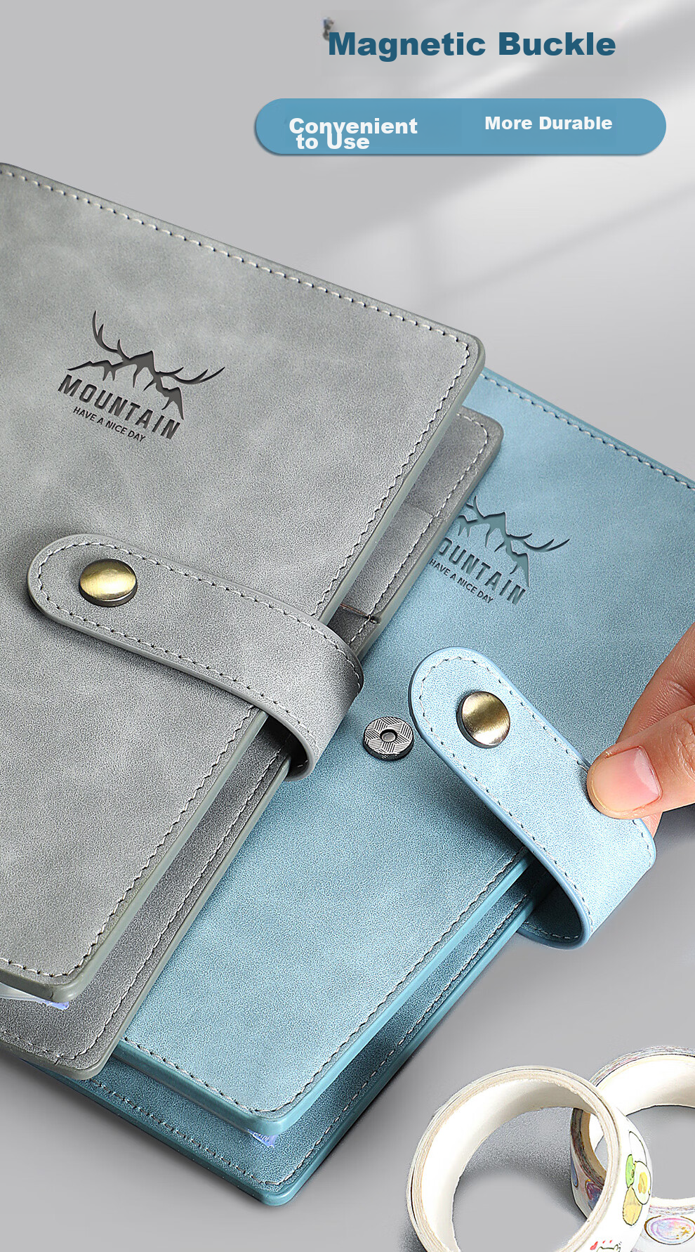 Jiaranheng A6 Multifunction Loose-Leaf Notebook, Creative Small Planner Notebook, Portable Journal, Zippered Storage Book, Leather Cover with Buckle, Customizable, Blue, 1 Book 10