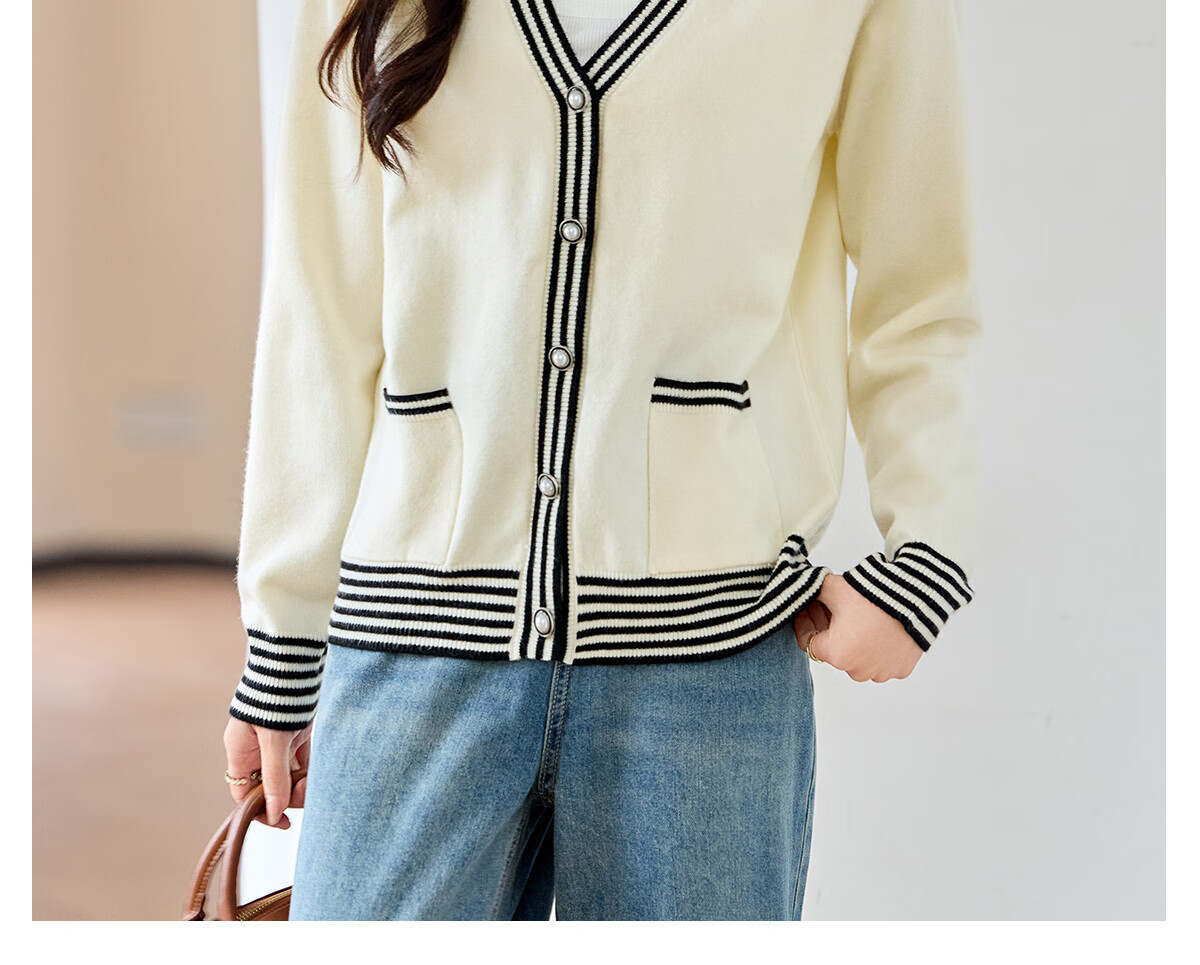 Chushen Women's Spring and Autumn Knitted V-Neck Sweater Color-Block Design Cardigan Jacket S143Z1008 7