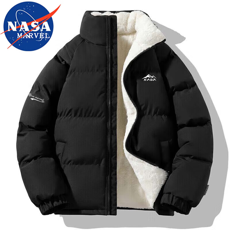 NASA MARVEL Cotton Jacket for Men, Winter Padded Coat, Couple Outfit, Thickened Loose Versatile Casual Coat, Black, Size L