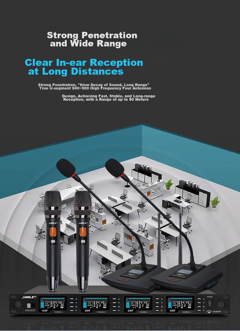 SHILE Wireless Microphone System with Four Handheld Mics, UHF Adjustable Frequency Microphones for Meetings, Training, Lectures, Events, Karaoke, KTV, SH-27 Model with 4 Handheld Mics 8