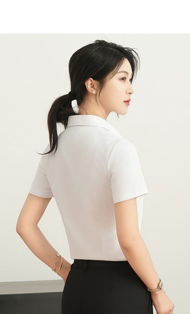 ROMON Cotton Short Sleeve Shirt Women V-Neck Business Casual Slim Fit Workwear Commuting White Shirt 7