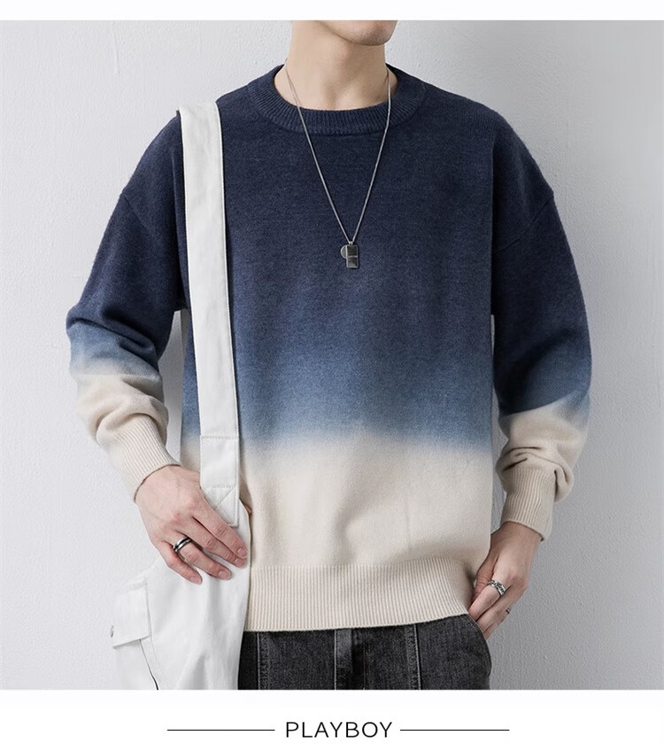 PLAYBOY Men's Crew Neck Sweater Autumn Winter Knitwear Jacket Blue and White 3XL 8