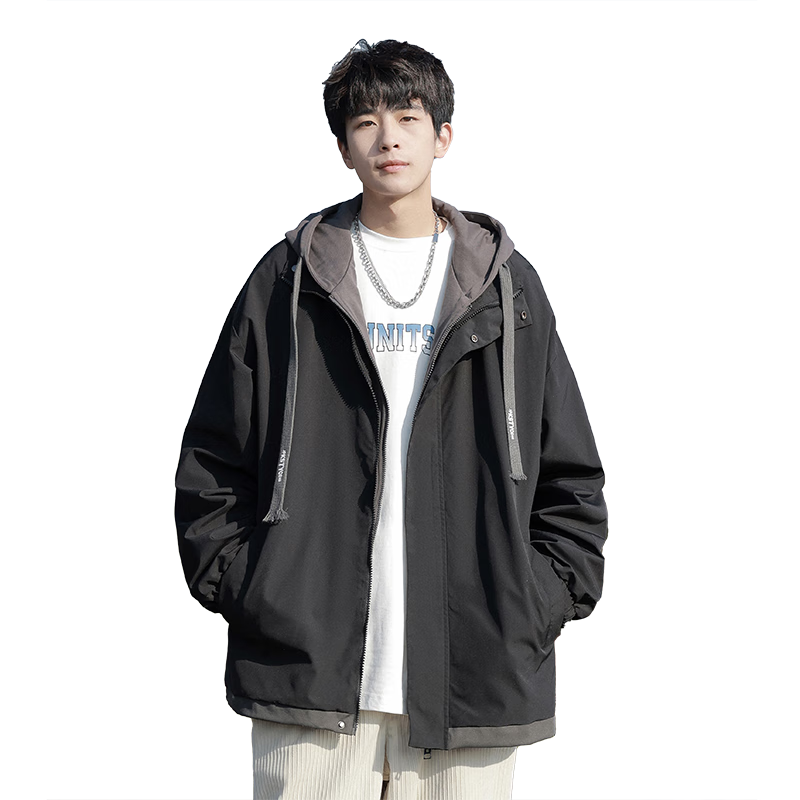 Foss Phil Men's Faux Two-Piece Jacket, Autumn And Winter Trendy Casual Loose Baseball Coat, Style 2362, Black, 2XL