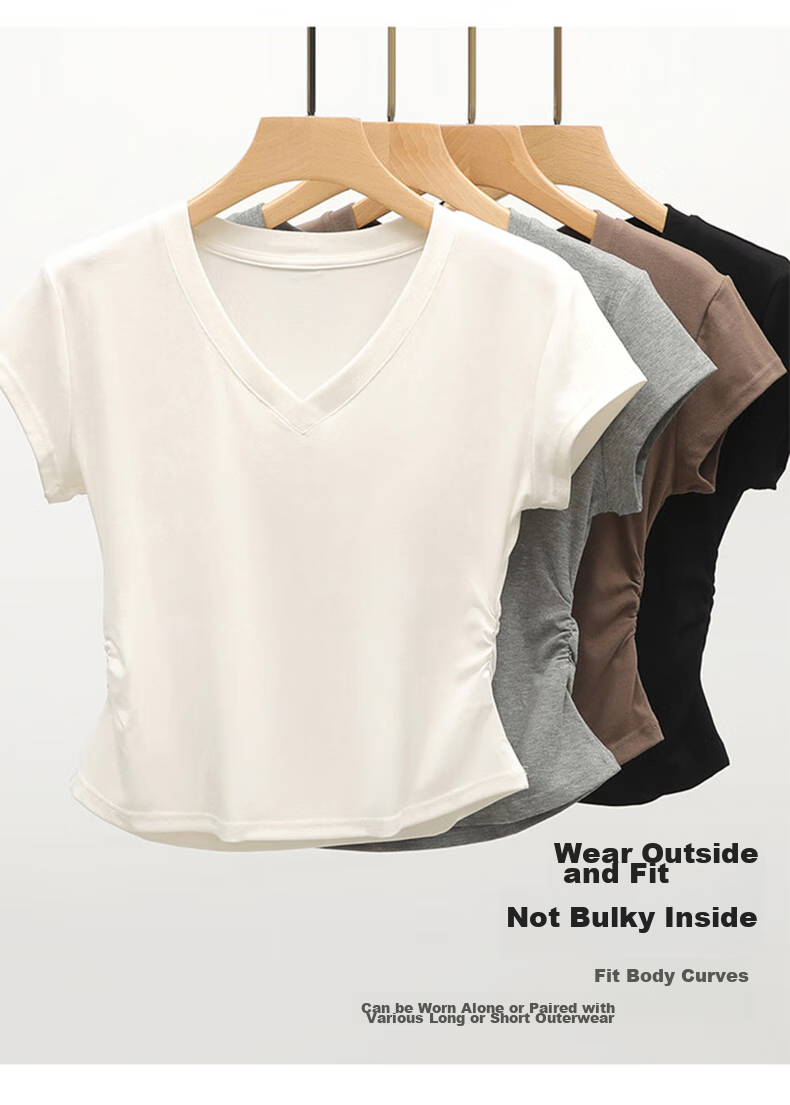 XUEXIMAN Women's Summer T-Shirt, Stylish And Simple Design, Slim Fit with Waist-Cinching V-Neck, Wrinkled High Cotton Short Sleeves for Wome 3