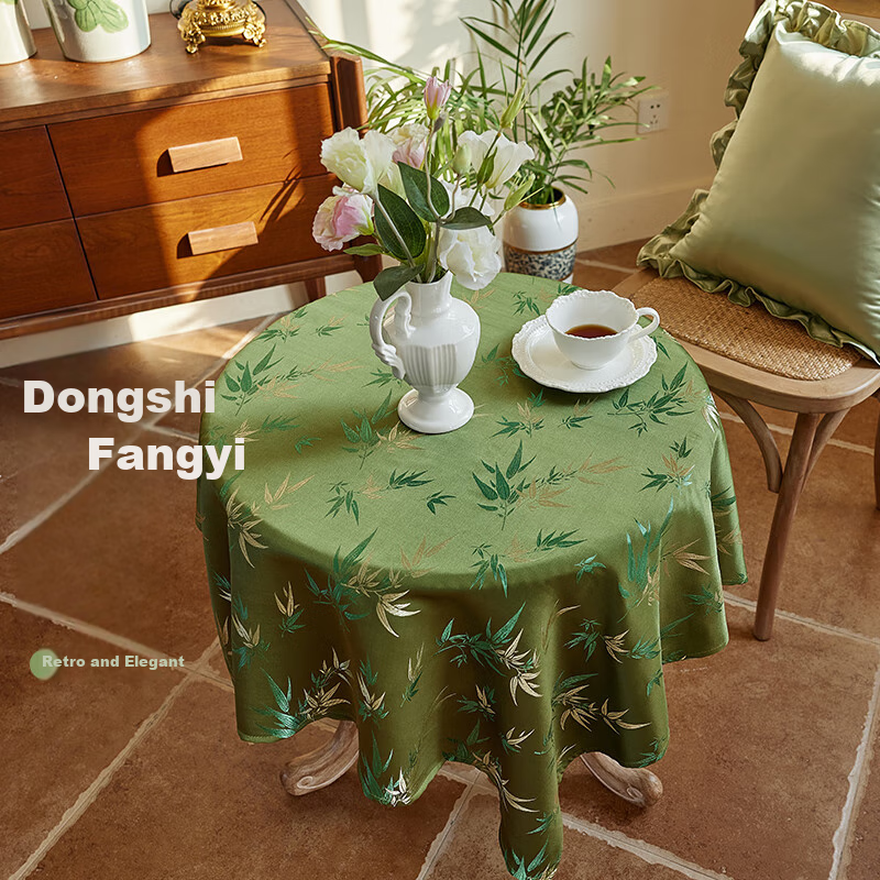 Yinshang New Chinese-Style Lace Tassel Round Tablecloth, Green Bamboo Light Luxury Table Cover, Dining Table Tea Cloth, 140*140cm