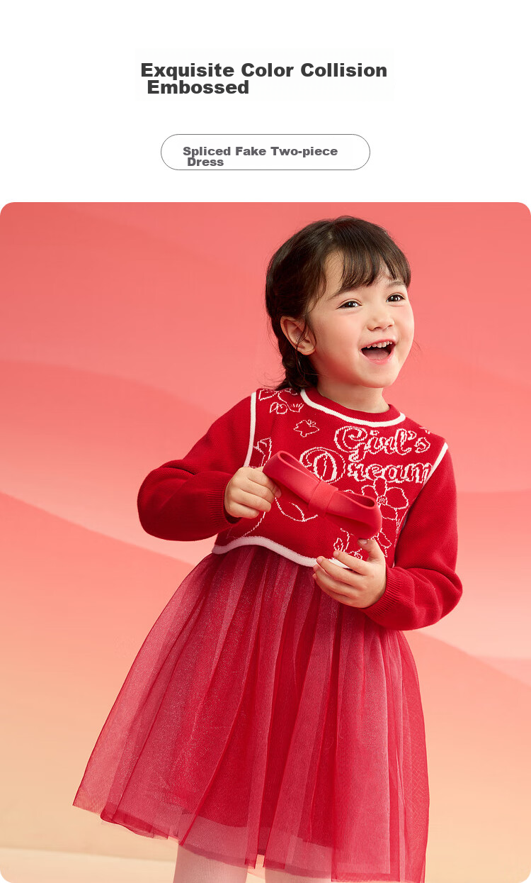 BALABALA Girls' Dress, Children's Spring And Winter Clothing, Red New Chinese-Style Mesh Fake Two-Piece Dress 1