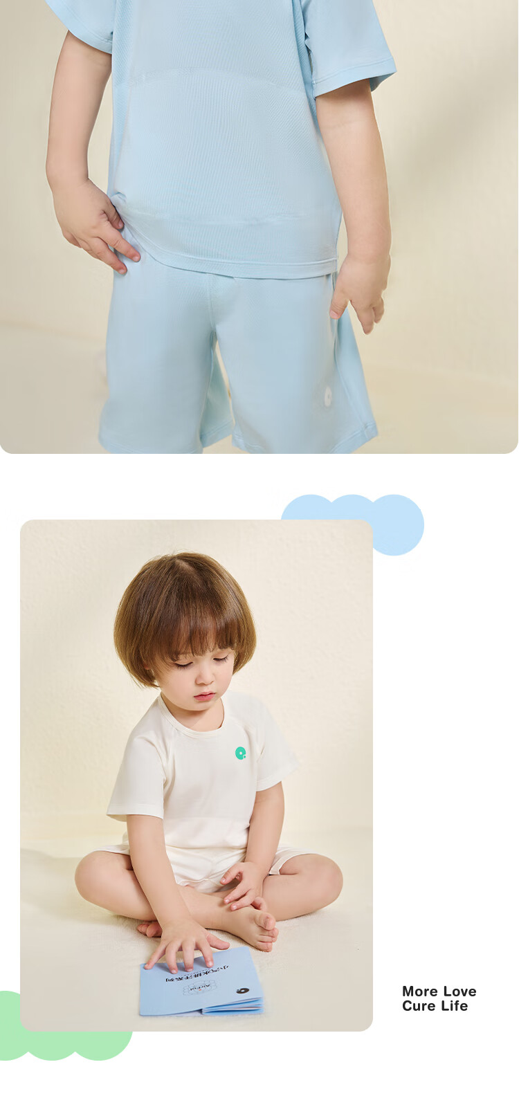 Q21 Kids Pajama Set Boys Girls Baby Moisture-Wicking Skin-Friendly Antibacterial Short Sleeve Homewear Milky Blue 120 7