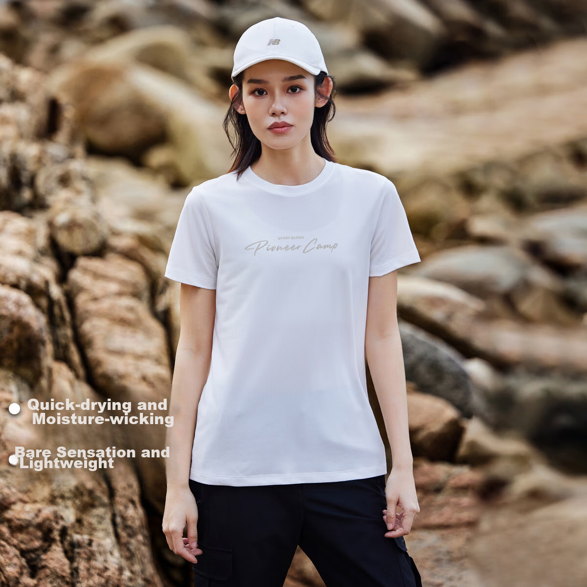 Pioneer Camp Quick-Dry Women's Round Neck T-Shirt, Lightweight Summer Undershirt, Breathable Outdoor Hiking Sports Top, White, M