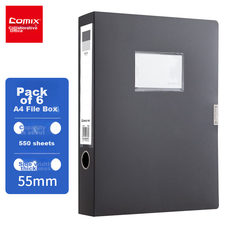 COMIX 6-Pack 55mm Velcro File Box/A4 Document Box/Storage Box Black Office Supplies A8055-6