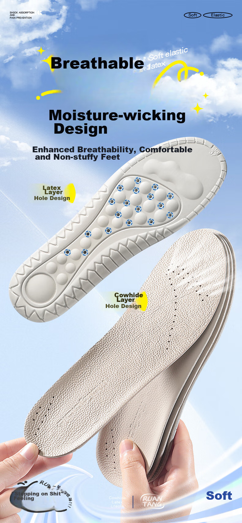 Maigaole Summer Latex Cowhide Insoles, Comfortable Perforated Breathable, Non-Stuffy Soft And Comfortable Shock-Absorbing, Beige, Size 35-36 7