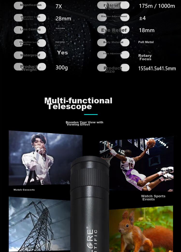 EXPLORE SCIENTIFIC Single-Tube Telescope 7X32 Wide-Angle High Magnification High-Definition Night Vision Concert Professional Outdoor Portable 5