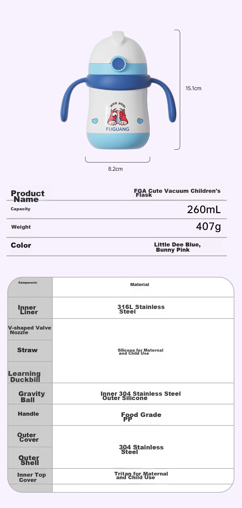 FGA Fuguang Children's Insulated Cup with Straw, Sippy Cup for Toddlers, 316L Stainless Steel Water Bottle, Small Ti La 14