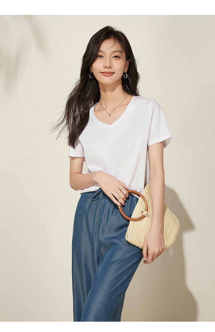 Woodpecker Women's Pure Cotton Short Sleeve T-Shirt Summer V-Neck Loose Fit Slim Solid Color Basic Top Black 4XL 11