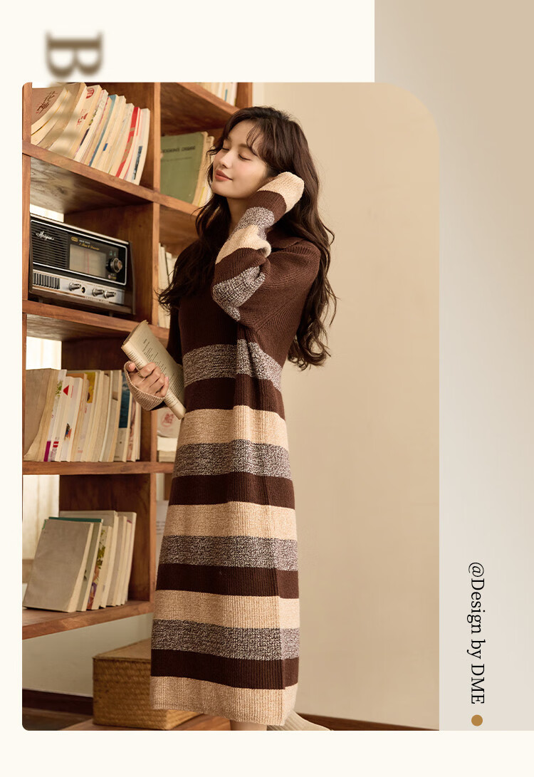 Dme Meilad Style Autumn And Winter Knitted Striped Straight Dress, Gentle And Sweet, Slimming And Youthful Women's Dress, Dark Coffee, S 3